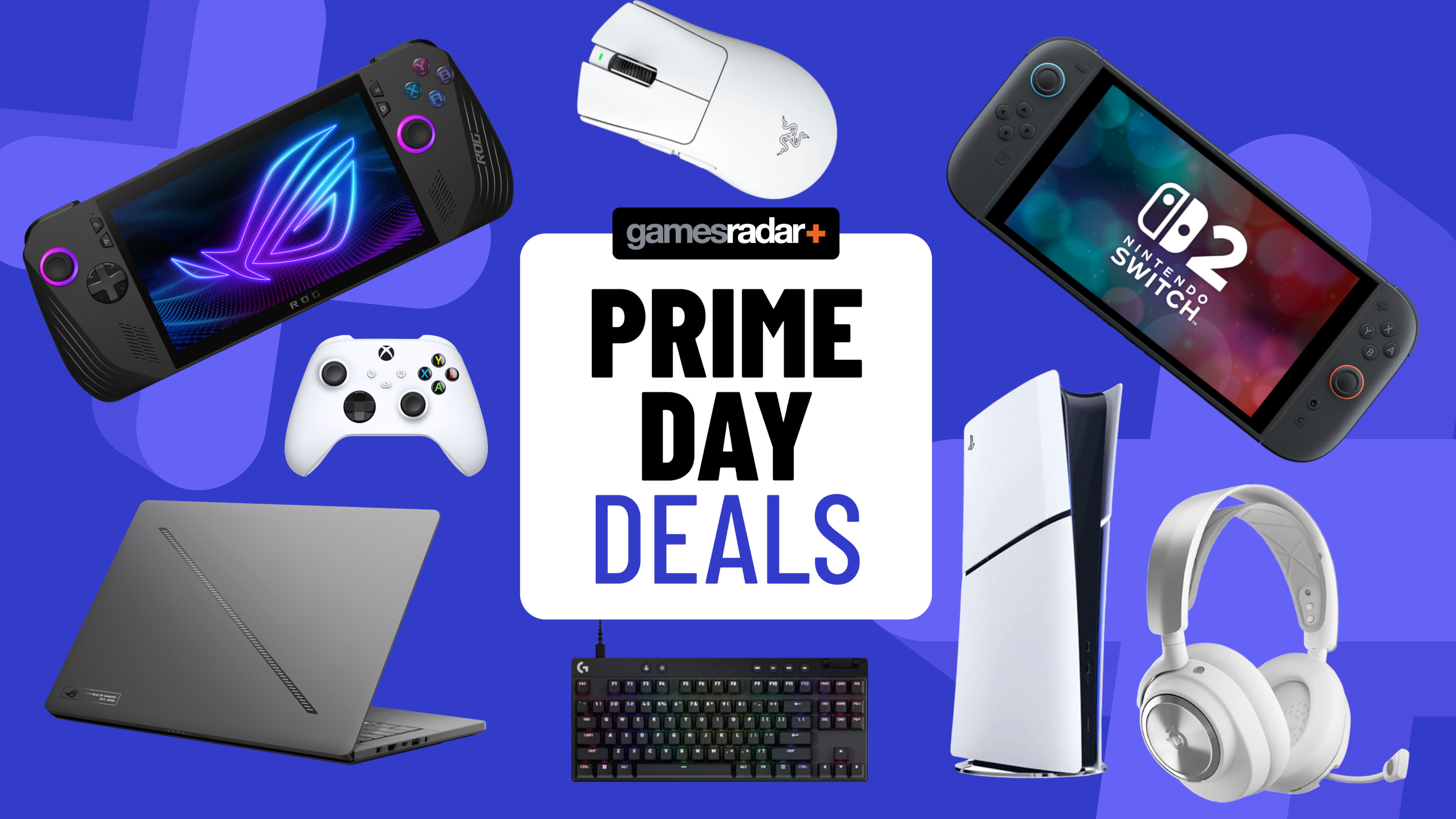 Gaming consoles, PCs, and accessories across PS5, Xbox and Nintendo Switch on a blue background with Prime Day deals badge