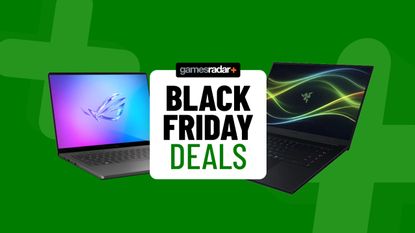 Razer and Asus gaming laptops on a green background with Black Friday deals badge in the middle