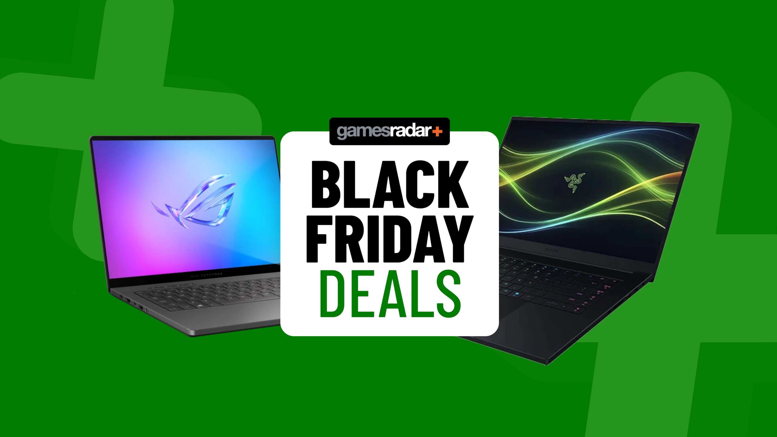 Razer and Asus gaming laptops on a green background with Black Friday deals badge in the middle