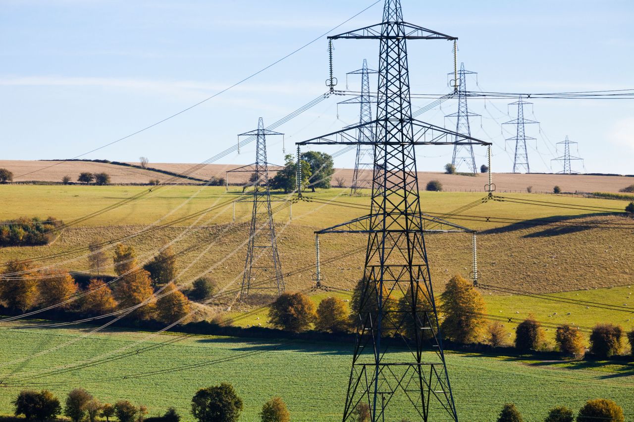 Pylons occupy fields in the Cotswolds