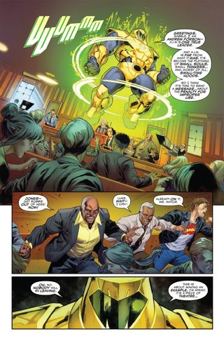 An AIM trooper interrupting Madame Masque's trial as Luke Cage, Robbie Robertson, and Rick Jones all scramble to safety.