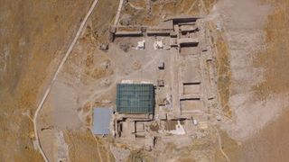 Aerial view of the temple area in a desert area.