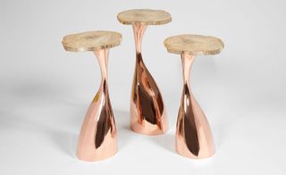 'Henri Samuel' petrified wood and copper side tables from 1975