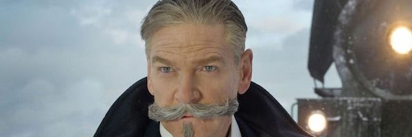 Murder on the Orient Express Hercule Poirot standing outside of the train