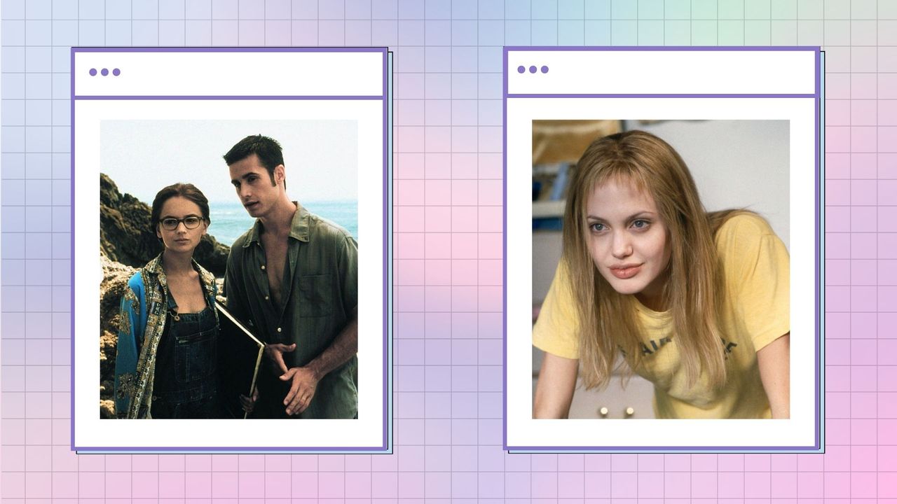 Best Netflix 90s movies: Film stills from She&#039;s All That and Girl, Interrupted/ in a pastel pink, blue and green template