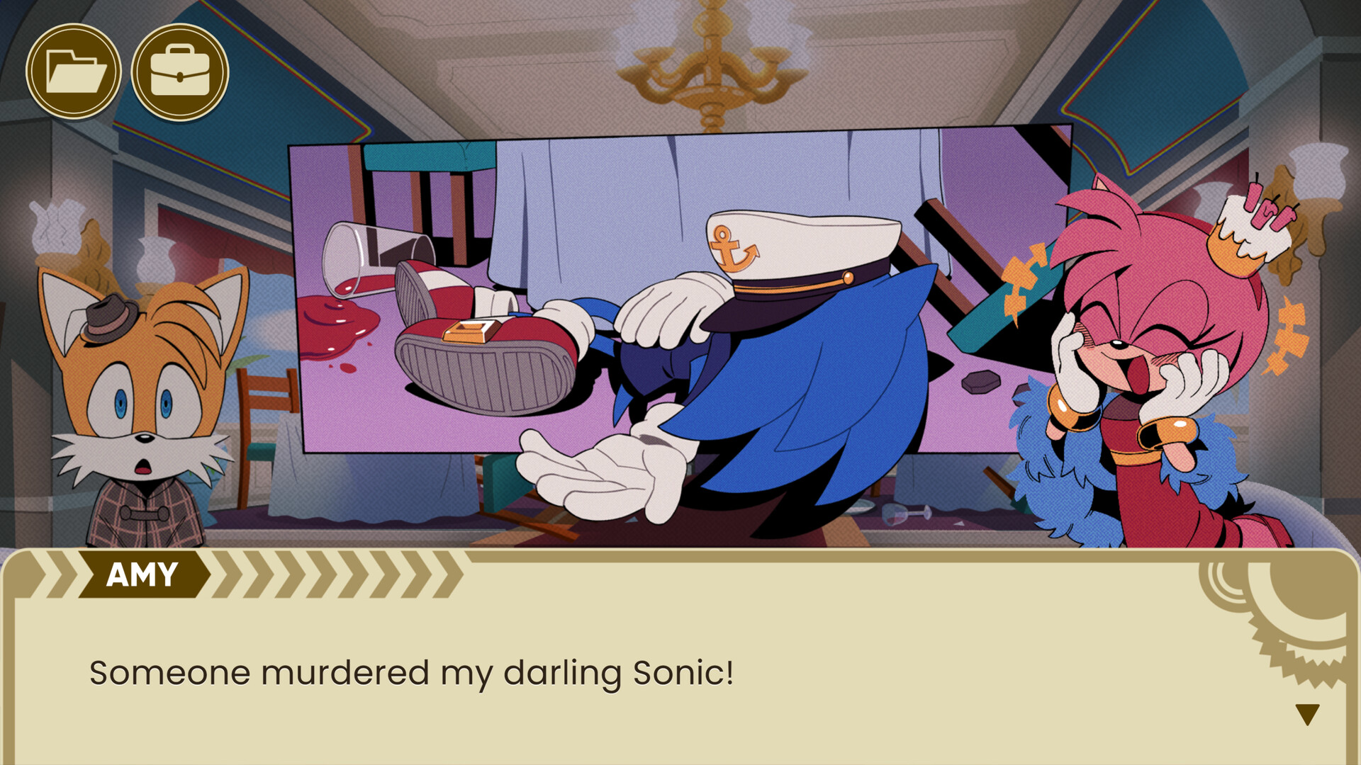 The Murder of Sonic the Hedgehog screenshot showing Sonic on the ground as Amy exclaims "someone murdered my darling Sonic!"