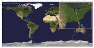 Diagram of Kosmos-2551's orbital track and re-entry point on Oct. 20, 2021, provided by satellite tracker Marco Langbroek (@Marco_Langbroek; http://www.langbroek.org).