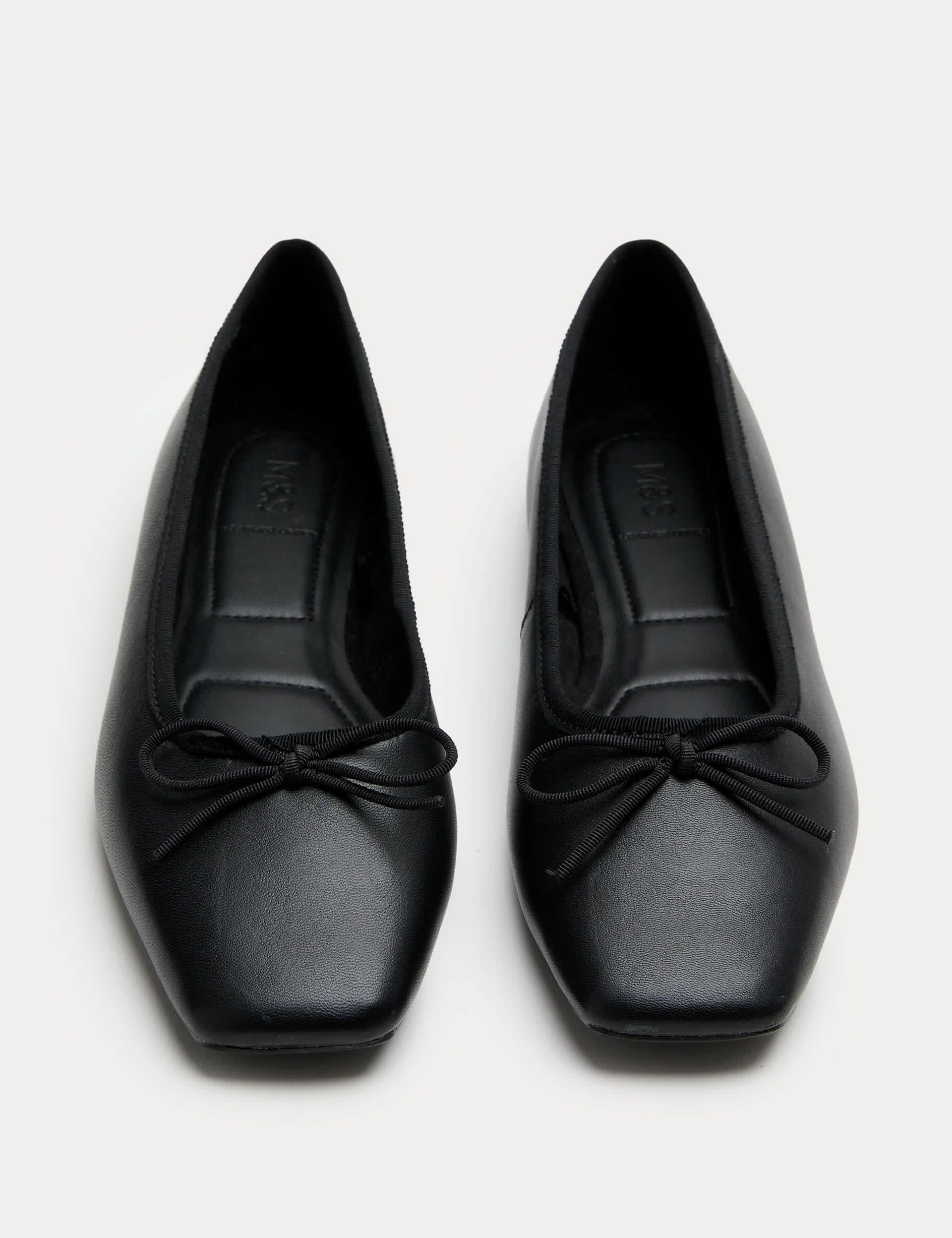 Leather Bow Square Toe Flat Ballet Pumps