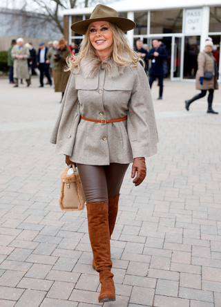 Carol Vorderman attends day 2 'Festival Wednesday' of the Cheltenham Festival at Cheltenham Racecourse on March 15, 2023 in Cheltenham, England