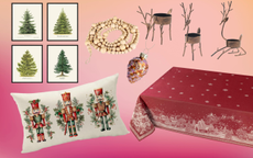 A pink gradient background with a collection of cut out Christmas decorations 
