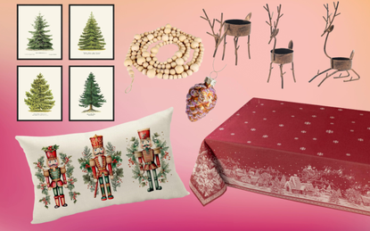 A pink gradient background with a collection of cut out Christmas decorations 