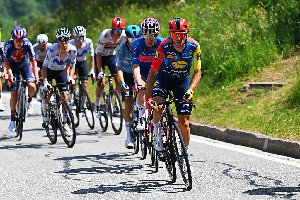Giulio Ciccone out of the saddle leading the breakaway
