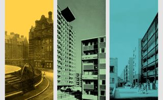 Three images of architecture in different coloured panels