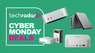 Mini PCs from Apple, Beelink, Geekom, and Khadas on a green background next to a TechRadar badge reading 'Cyber Monday deals'
