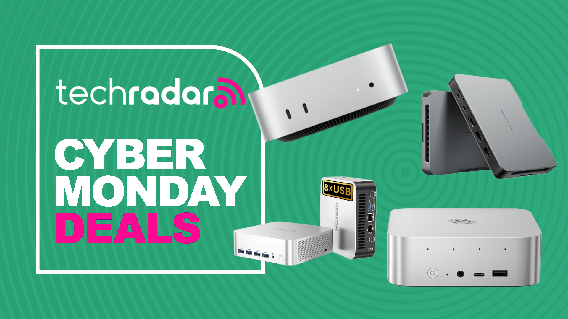 Mini PCs from Apple, Beelink, Geekom, and Khadas on a green background next to a TechRadar badge reading 'Cyber Monday deals'