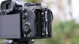 Close up of the Sony A7 V camera memory card slots