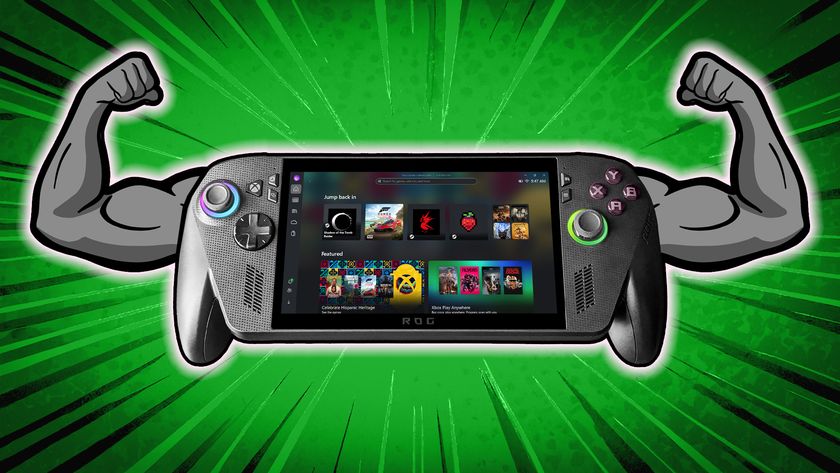 Xbox Ally X with cartoon arms flexing.