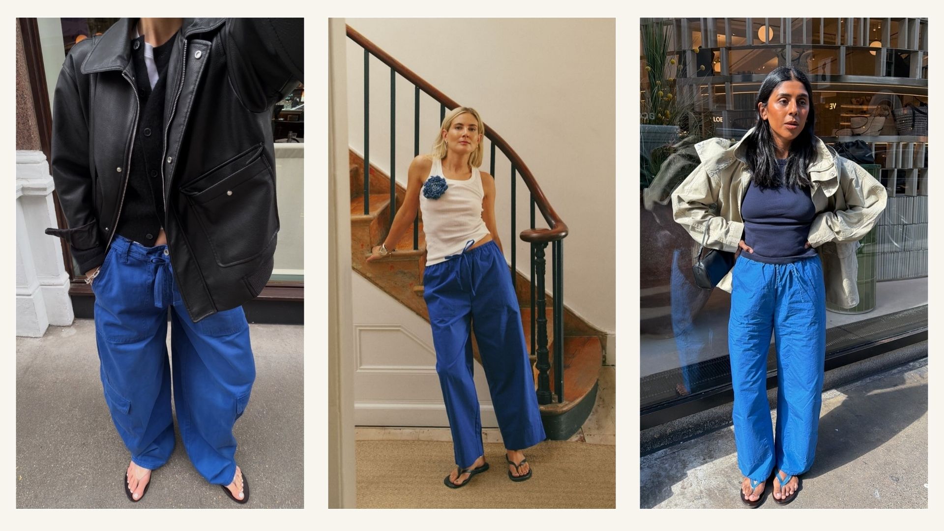 Collage of influencers wearing cobalt blue trousers.