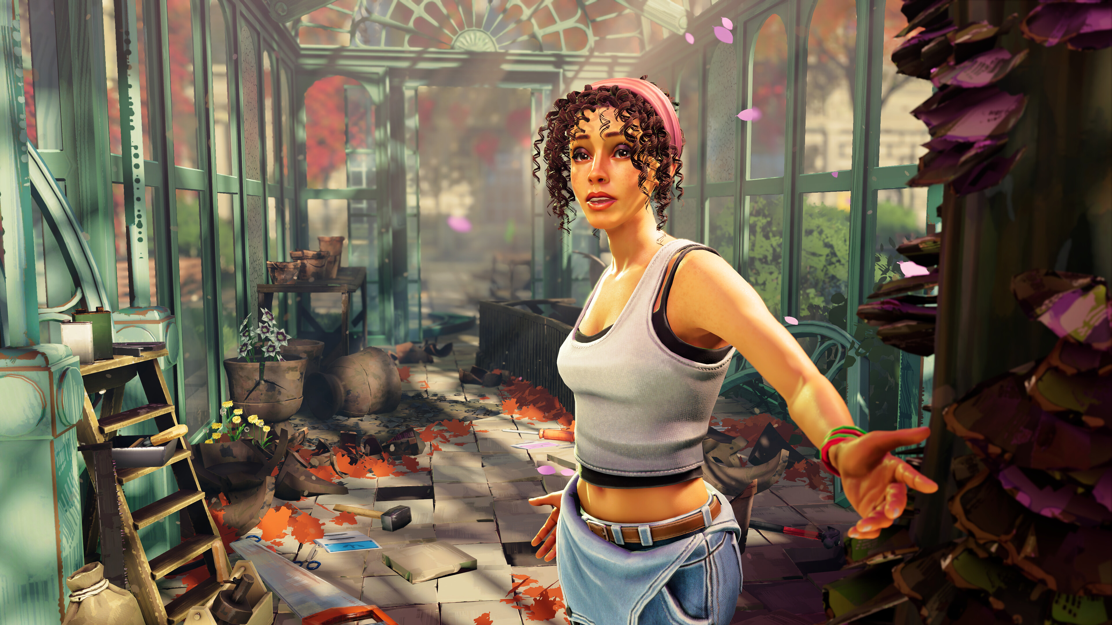 There Are No Ghosts at The Grand screenshot of a women in a dilapidated greenhouse-like structure paved with broken tiles