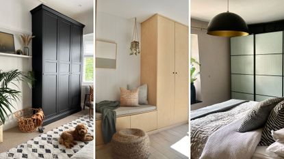 three IKEA closet hacks shown in a compilation image with navy blue closet, natural wood and Japandi style 