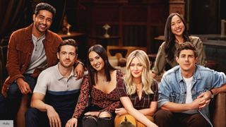 The cast of How I Met Your Father season 2, lead by Hilary Duff, assemble on a brown leather couch to celebrate the return of the hit sitcom.