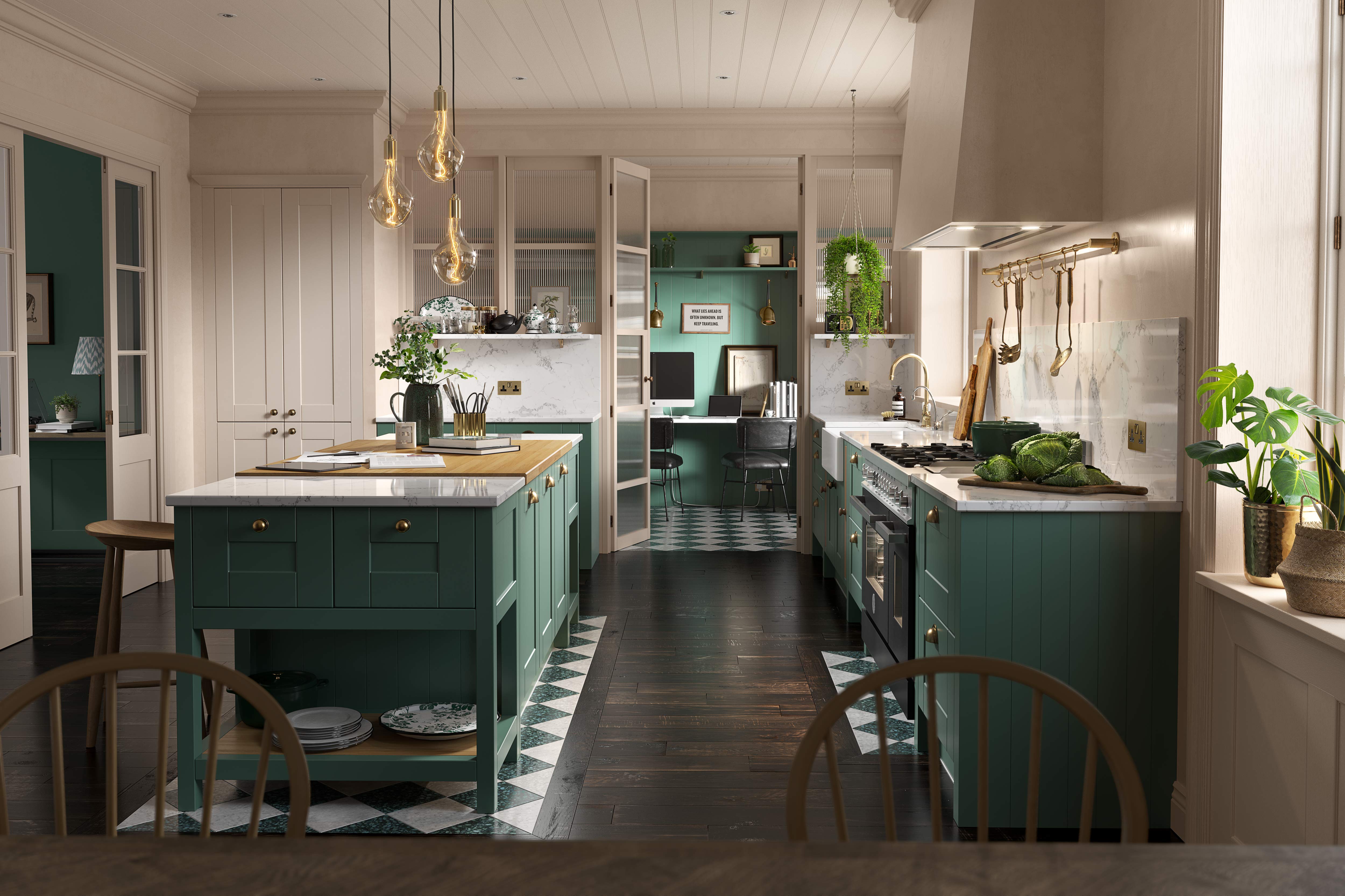 a green open plan kitchen with a dividing glass partition