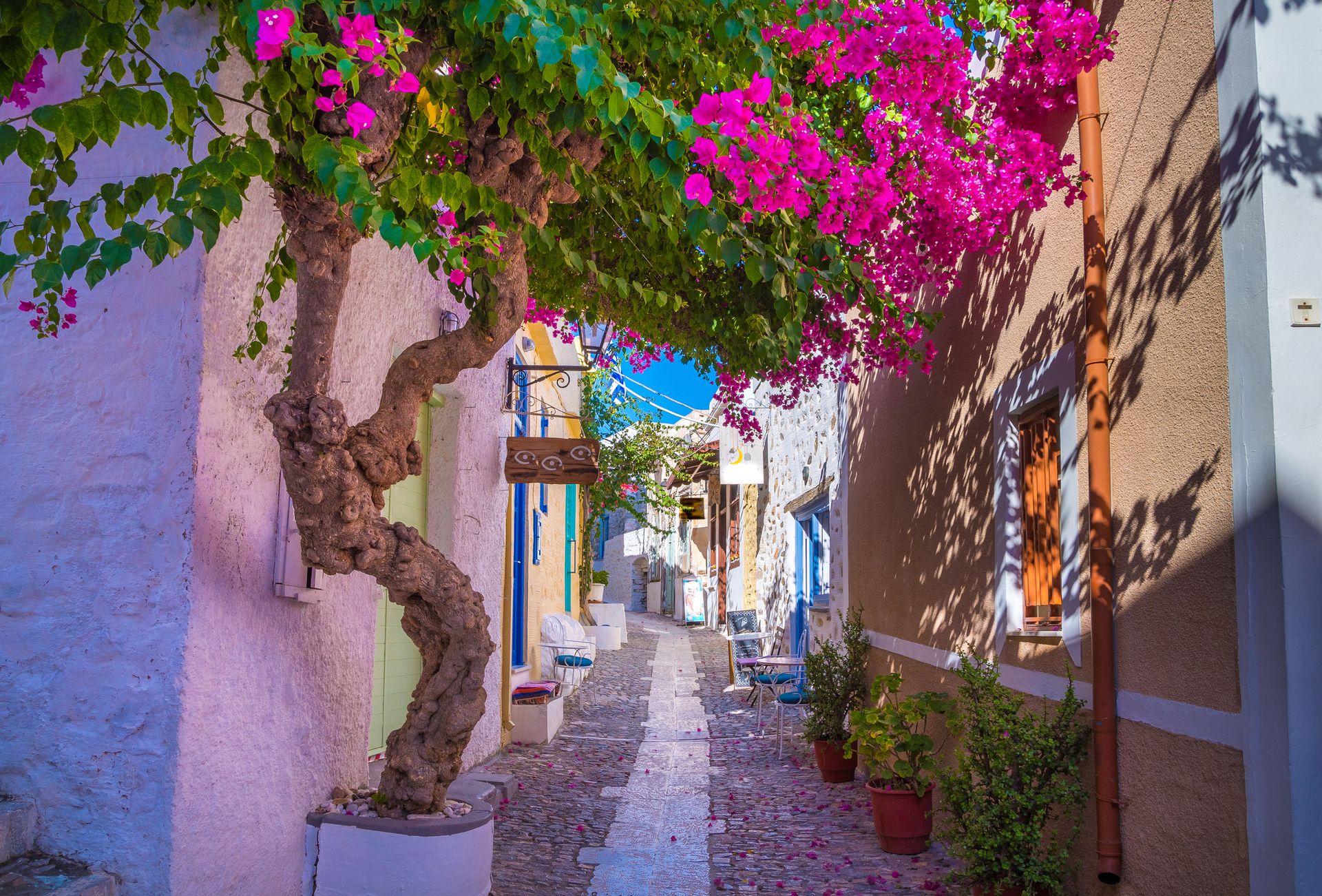 A colorful narrow alley of Ano Syros, a Cycladic Greek island