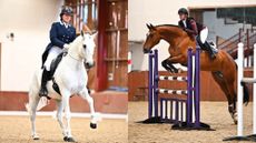 Two pictures showing horses competing in dressage and showjumping bridleless at the British Bridleless Competition
