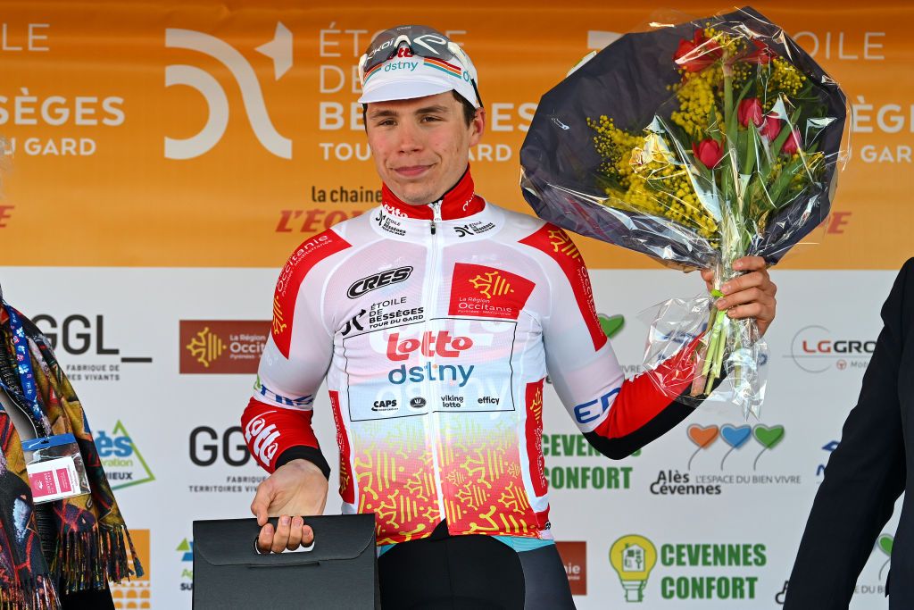 BELLEGARDESURVALSERINE FRANCE FEBRUARY 01 Arnaud De Lie of Belgium and Team Lotto Dstny celebrates at podium as White best young jersey during the 53rd Etoile de Besseges Tour Du Gard 2023 Stage 1 a 16218km stage from Bellegarde to Bellegarde EDB2021 on February 01 2023 in BellegardesurValserine France Photo by Luc ClaessenGetty Images