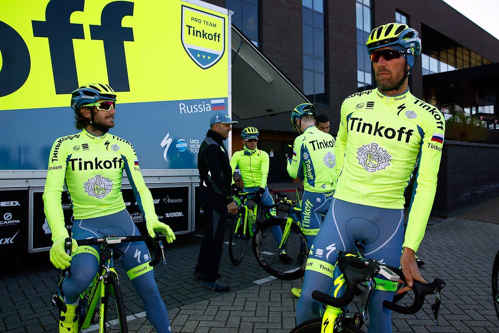 Tinkoff riders prepare for their ride on Wednesday.