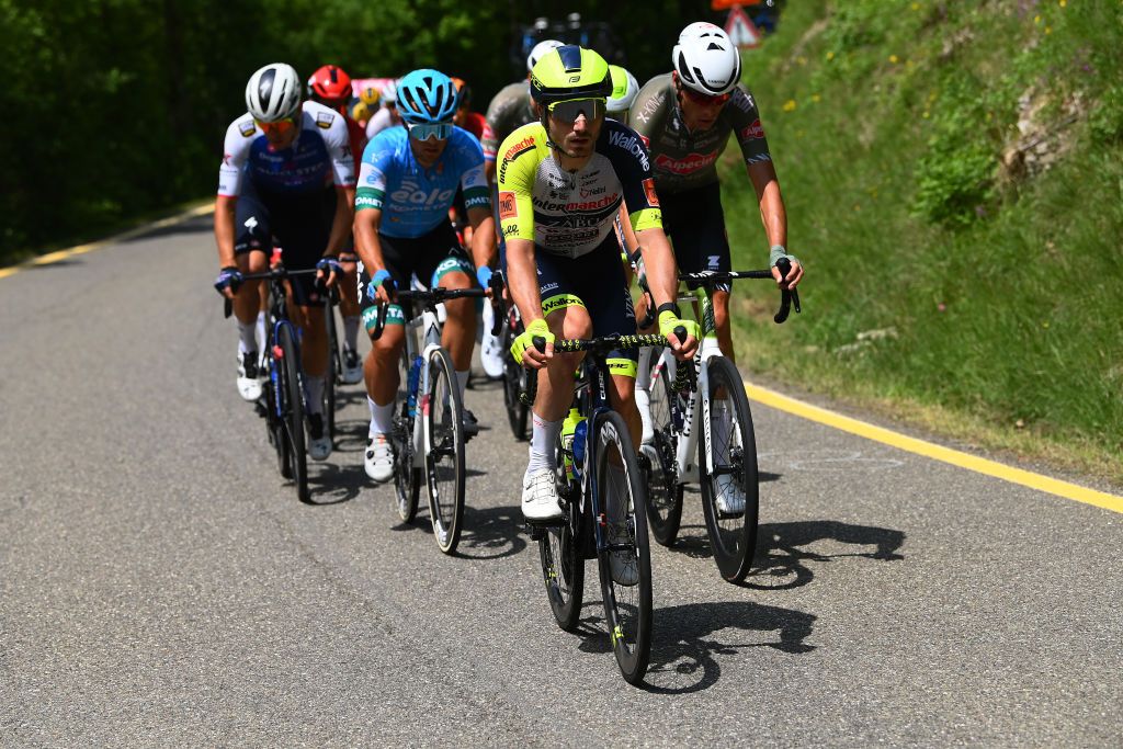GENOA ITALY MAY 19 LR Lorenzo Rota of Italy and Team Intermarch Wanty Gobert Matriaux and Oscar Riesebeek of Netherlands and Team Alpecin Fenix compete in the breakaway during the 105th Giro dItalia 2022 Stage 12 a 204km stage from Parma to Genova Giro WorldTour on May 19 2022 in Genoa Italy Photo by Tim de WaeleGetty Images