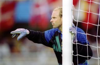 Sweden goalkeeper Thomas Ravelli in action against Denmark in 1992.