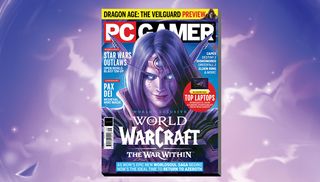 The cover of PC Gamer 399, showing an image of a World of Warcraft Dark Elf behind the words &quot;World of Warcraft: The War Within&quot;.