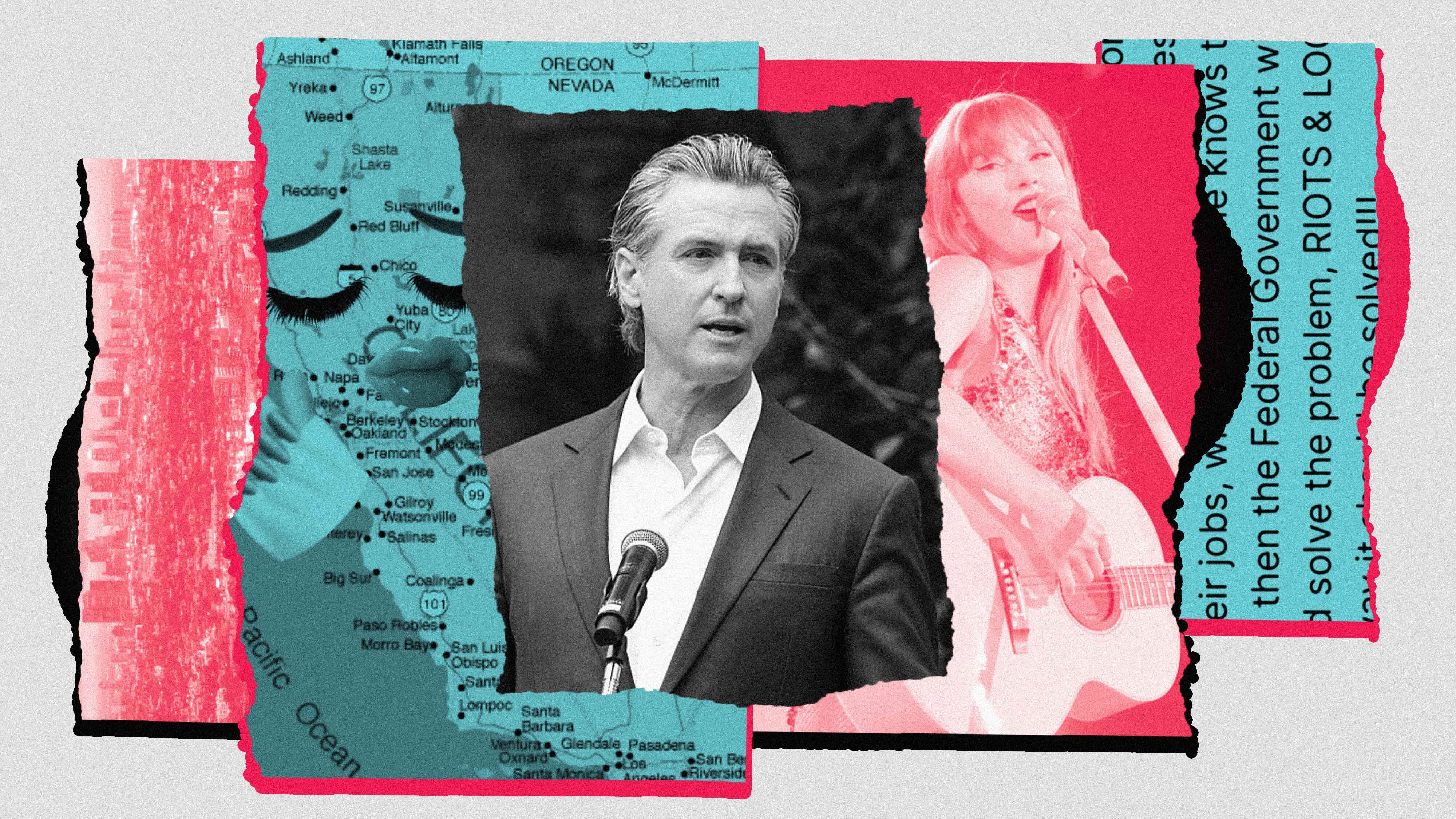 Stylized collage featuring California Governor Gavin Newsom speaking at a podium, layered over a torn map of the West Coast and juxtaposed with a vibrant image of Taylor Swift.