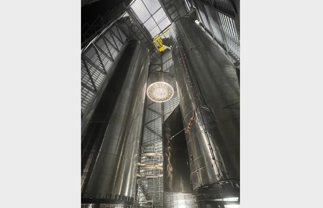 This photo, tweeted by SpaceX founder and CEO Elon Musk on June 15, shows one of the company’s huge Super Heavy booster coming together. “Stacking Super Heavy aft section,” Musk wrote in the tweet.