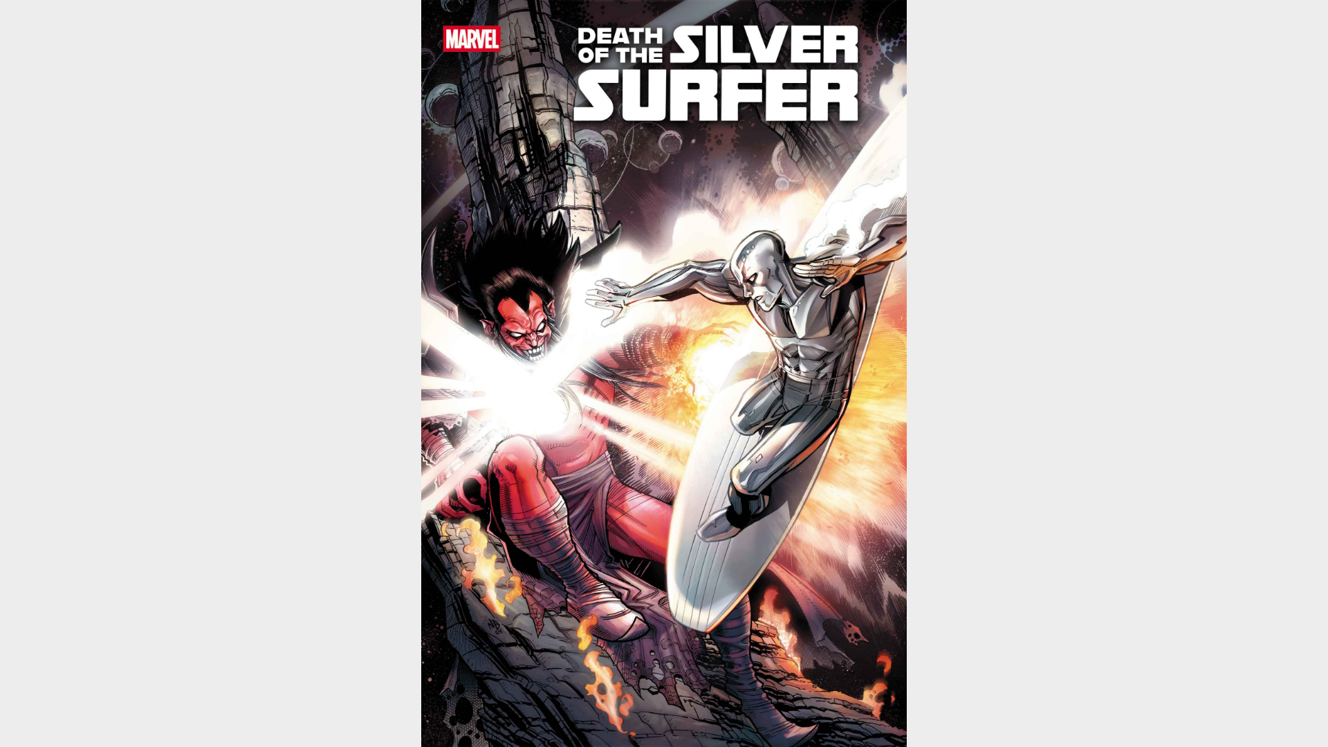 The Silver Surfer blasting energy at Mephisto