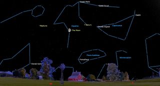 blue lines connect stars in the night sky to show constellations. neptune and the moon are also shown