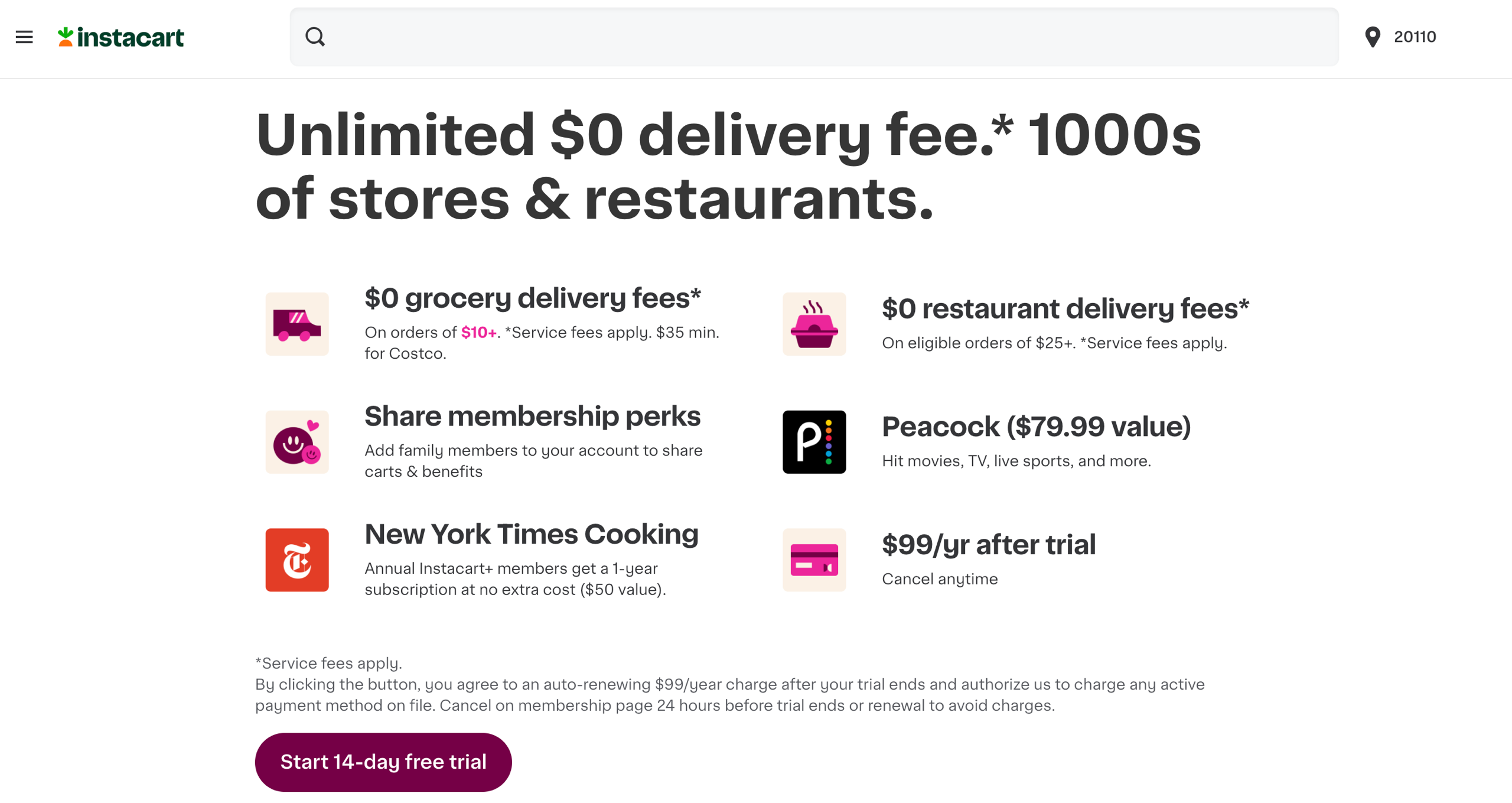 A screenshot of Instacart's Peacock free trial offer