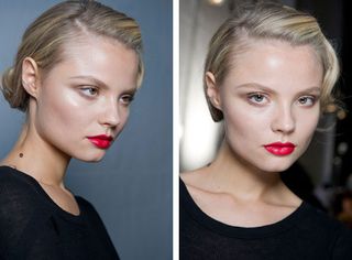 Model applied fiery lipstick and chic make-up