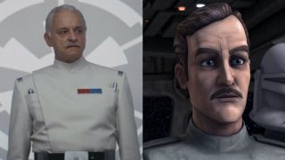Side-by-side images of the live-action and animated versions of Star Wars' Wulff Yularen