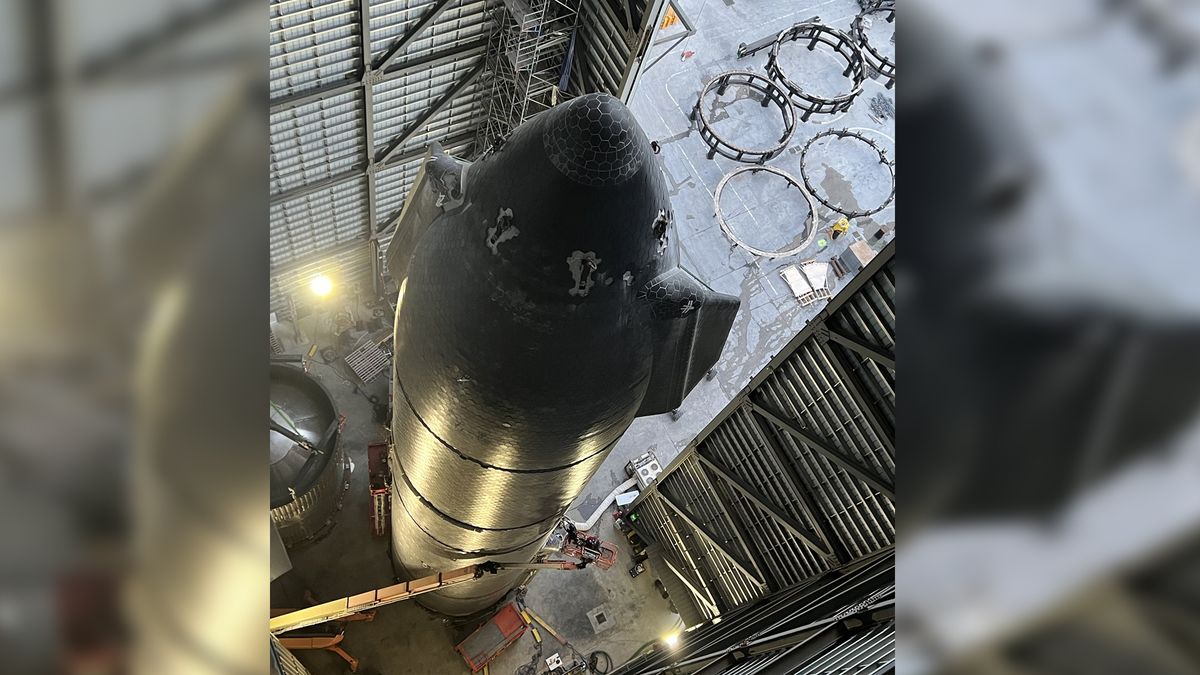 SpaceX's Starship SN24 vehicle stands in its assembly building at Starbase in Texas.