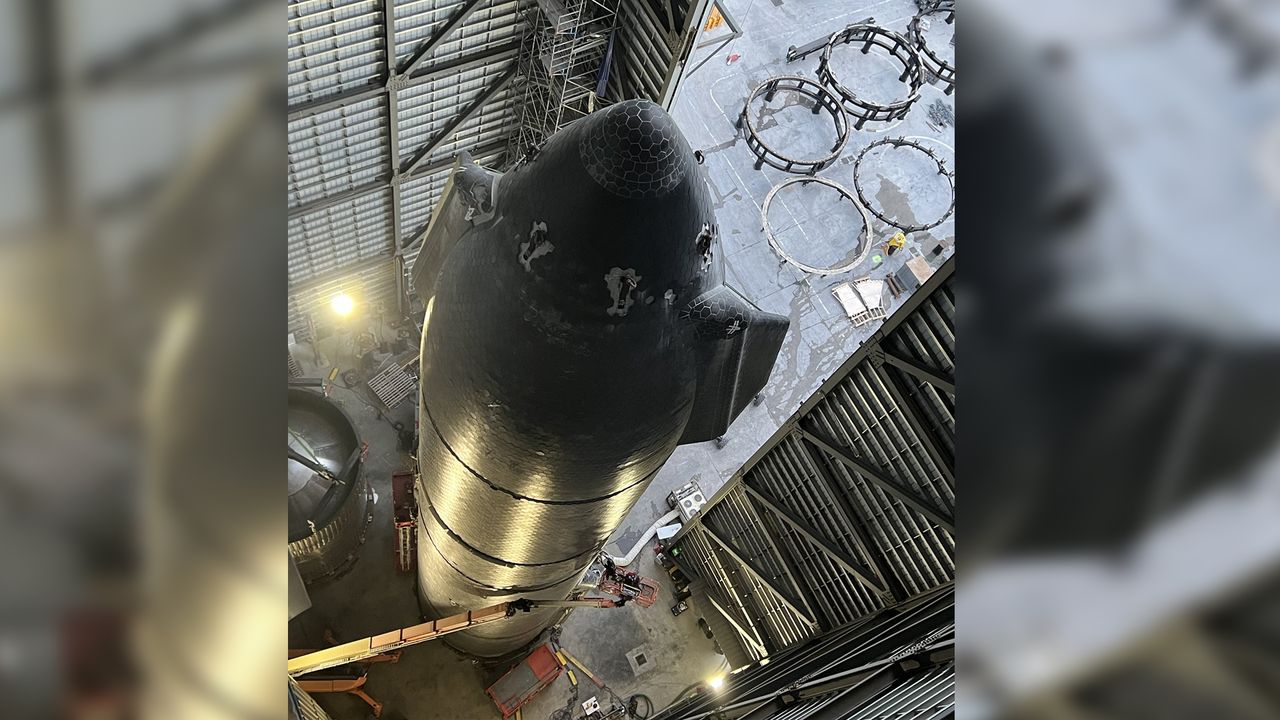 SpaceX's Starship SN24 vehicle stands in its assembly building at Starbase in Texas.