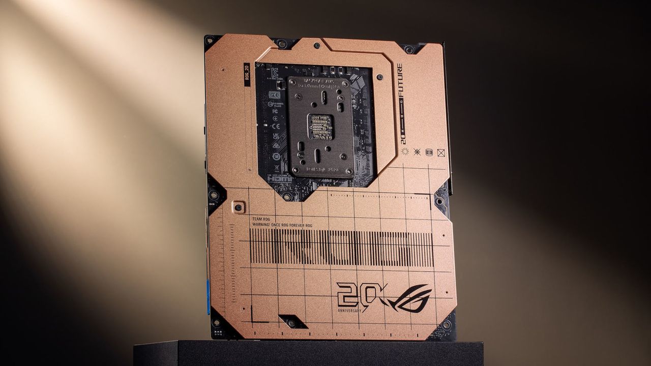 A promotional image of the Asus ROG Crosshair 2006 20th anniversary special edition motherboard