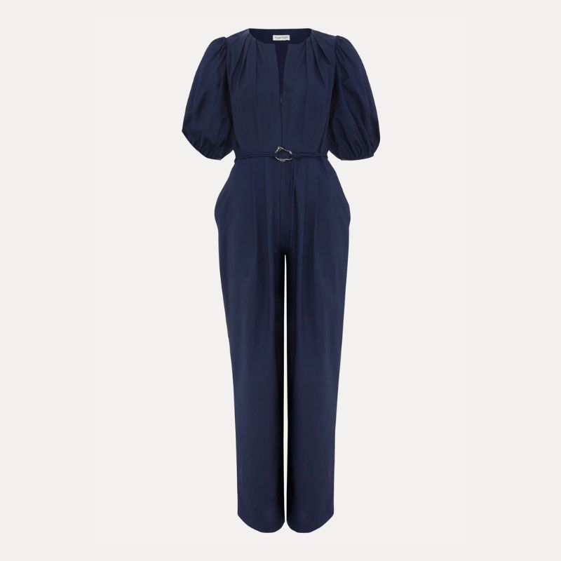 a cutout of a navy Phase Eight jumpsuit with puff sleeves