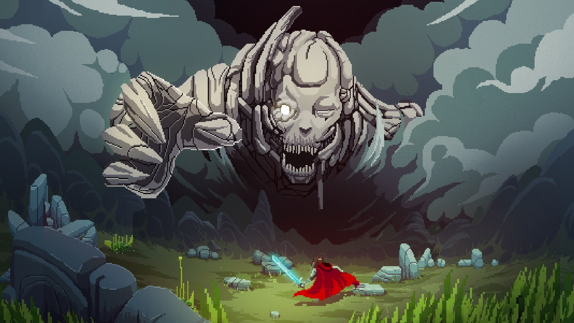 A cursed god tries to claw at a warrior with a red cape and glowing sword