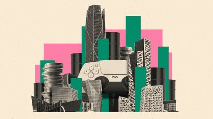 Photo composite illustration of Riyadh skyscrapers, oil drums, money stacks and a video game controller
