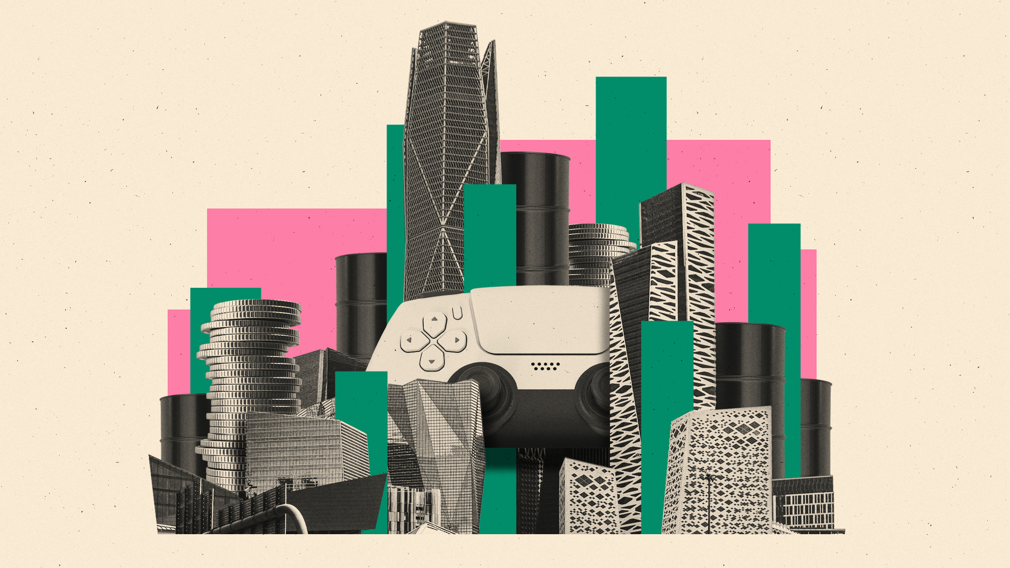 Photo composite illustration of Riyadh skyscrapers, oil drums, money stacks and a video game controller