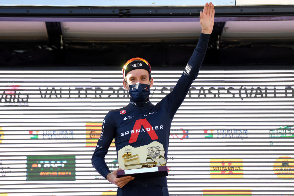 VALLTER 2000 SETCASES VALL CAMPRODON SPAIN MARCH 24 Podium Adam Yates of United Kingdom and Team INEOS Grenadiers Celebration during the 100th Volta Ciclista a Catalunya 2021 Stage 3 a 2031km stage from Canal Olmpic de Catalunya to Vallter 2000 Setcases Vall Camprodon 2125m Mask Covid safety measures Trophy VoltaCatalunya100 on March 24 2021 in Vallter 2000 Setcases Vall Camprodon Spain Photo by David RamosGetty Images
