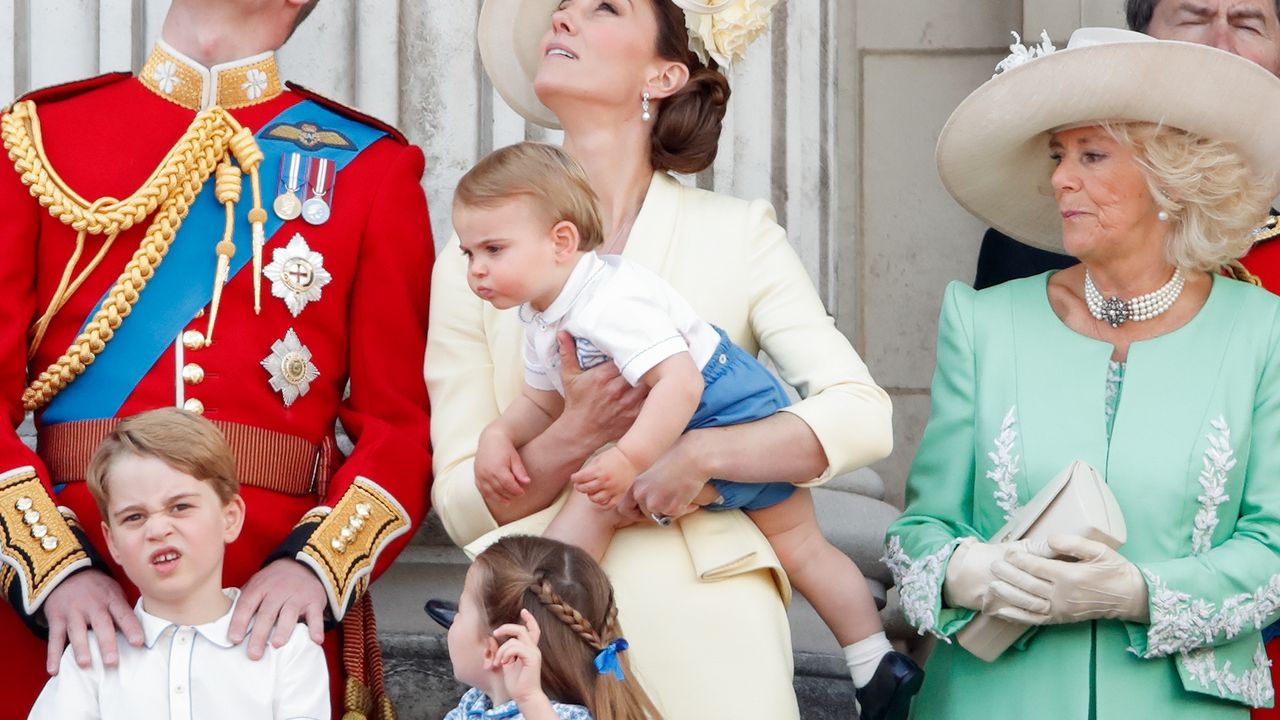 Prince Louis of Cambridge, Prince George of Cambridge, Princess Charlotte of Cambridge and Camilla, Duchess of Cornwall on the balcony of Buckingham Palace during Trooping The Colour, the Queen&#039;s annual birthday parade, on June 8, 2019 in London