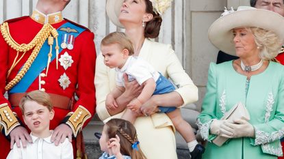 Prince Louis of Cambridge, Prince George of Cambridge, Princess Charlotte of Cambridge and Camilla, Duchess of Cornwall on the balcony of Buckingham Palace during Trooping The Colour, the Queen's annual birthday parade, on June 8, 2019 in London